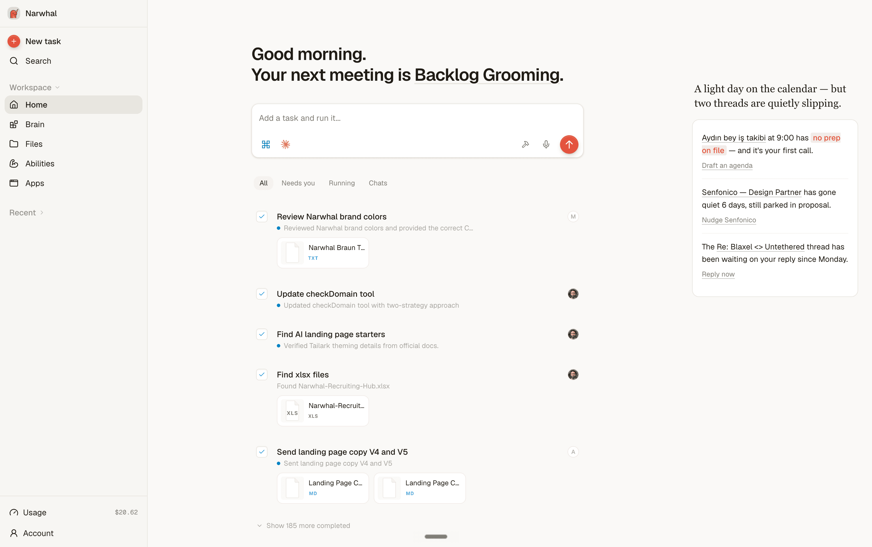 Narwhal workspace home screen showing tasks, next meeting context, and follow-up prompts